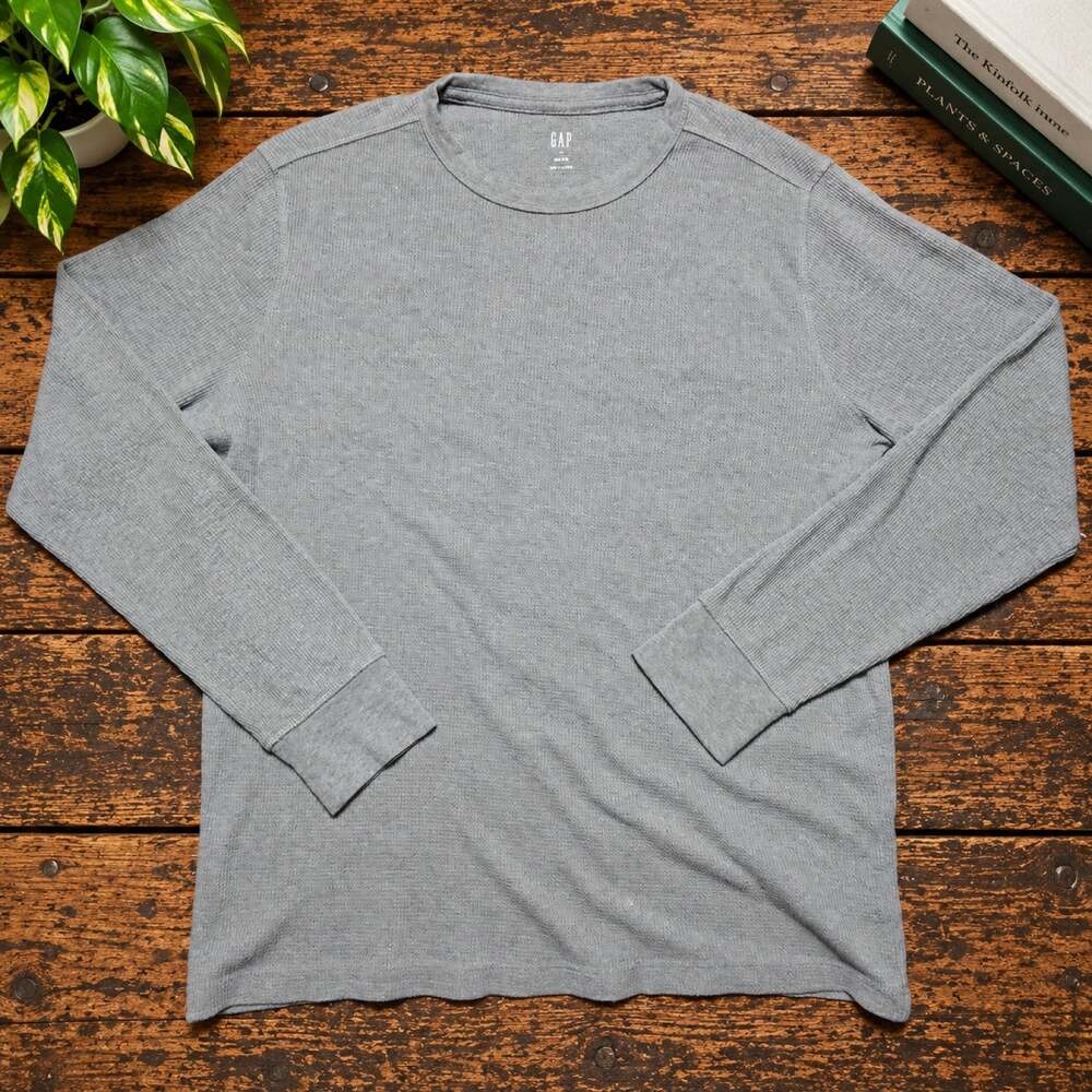 Gap Waffle Knit Thermal Shirt Mens Large Gray Heather Long Sleeve Crew Neck Top